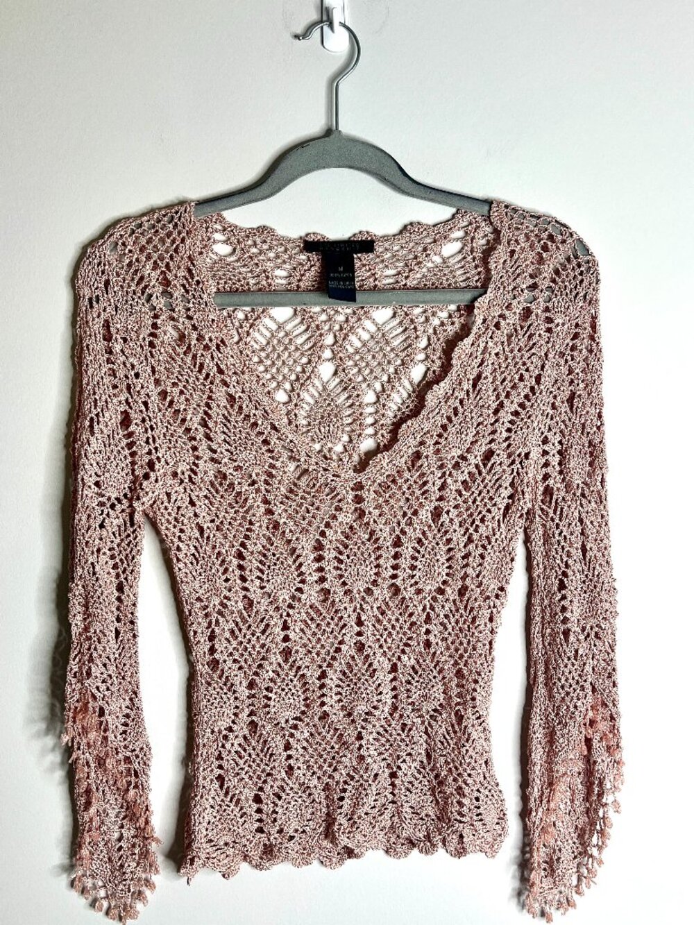 Vtg The Limited Handknit Rose Crochet Beaded Flare Sleeve Fairycore Sweater Y2K